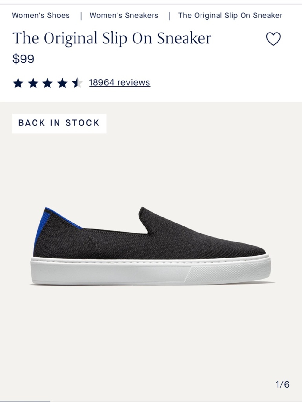 Rothy's The Original Slip-On Sneaker - Black with Blue Accent